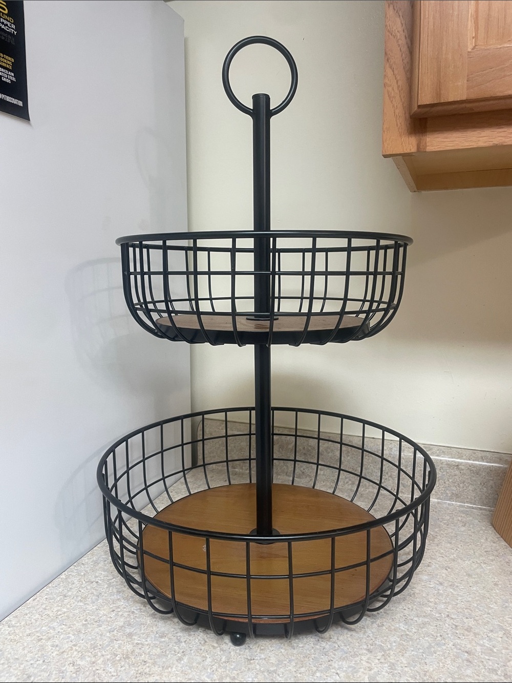 Two-Tier Black Metal and Wood Serving Stand by